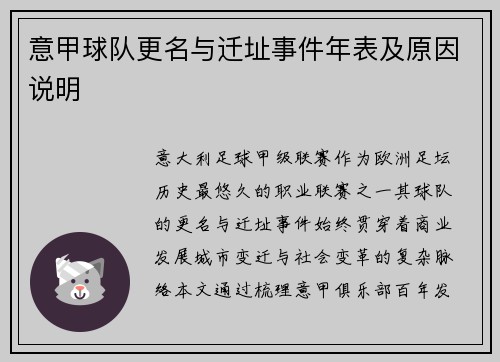 意甲球队更名与迁址事件年表及原因说明